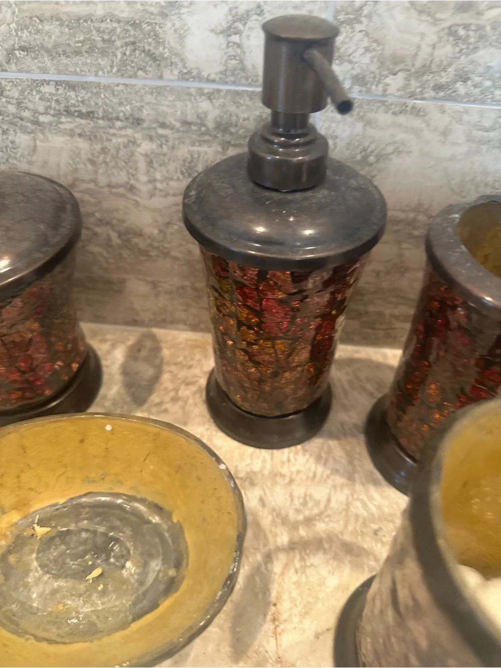 Decorative Yellow and Red Mosaic Bathroom Accessory Set Lot of 6 items